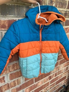 Kids Colorblock Puffer Jacket in Blue, Orange & Light Blue